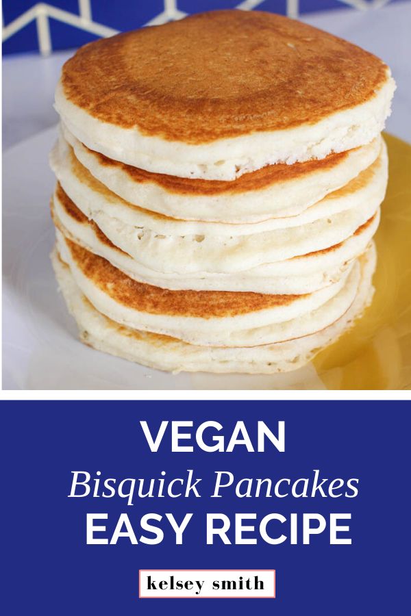 vegan biscuit pancakes on a plate with text overlay that reads, vegan bisquick pancakes easy recipe