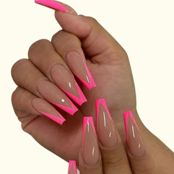 Super Cute Press On Nails. 24 Pieces Of Nails. They Come With A Nail File And Adhesive Stickers. Ongles Beiges, Beige Nails Design, Pink Tip Nails, Hot Pink Nails, Beige Nails, Nails Today, Long Acrylic Nails Coffin, Acrylic Nails Coffin Short, Summer Acrylic Nails