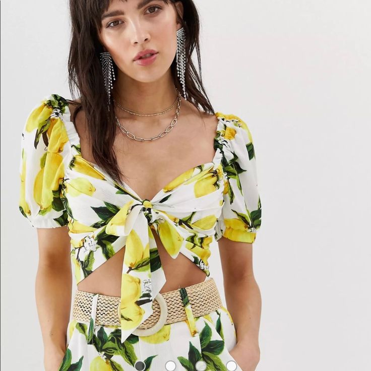 New With Tags And Bought On Asos. Size Medium Yellow V-neck Crop Top For Day Out, Chic Yellow V-neck Crop Top, Yellow Short Sleeve Summer Crop Top, Chic Yellow Crop Top For Day Out, Yellow Floral Print Crop Top For Day Out, Chic Yellow Short Sleeve Crop Top, Chic Yellow Cropped Tops, Chic Cropped Yellow Tops, Chic Yellow Summer Crop Top