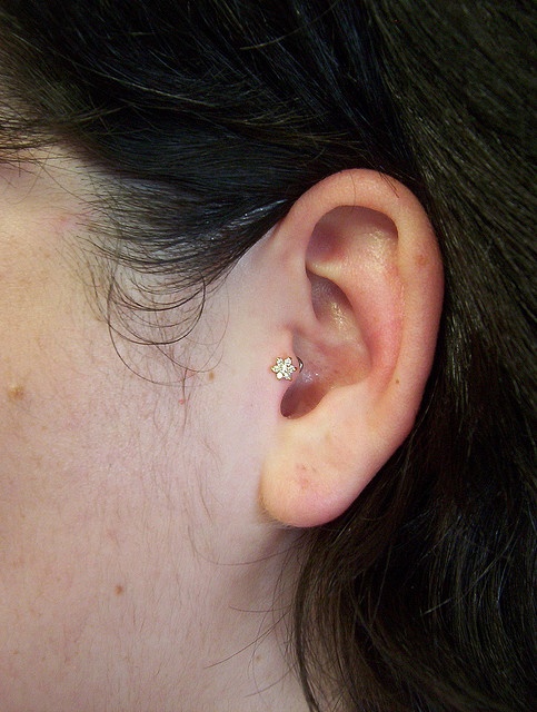 a woman's left ear has a tiny diamond in it, and is almost invisible