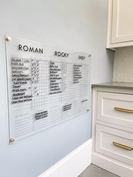 a kitchen with white cabinets and gold handles on the wall, along with a roman numeral chart