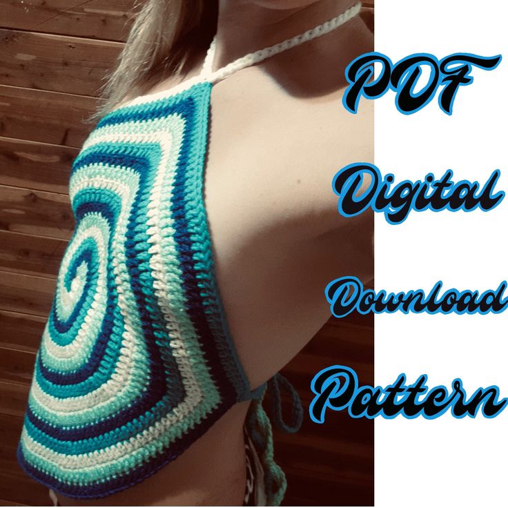 a woman wearing a blue and white crochet top with the words, free pattern for