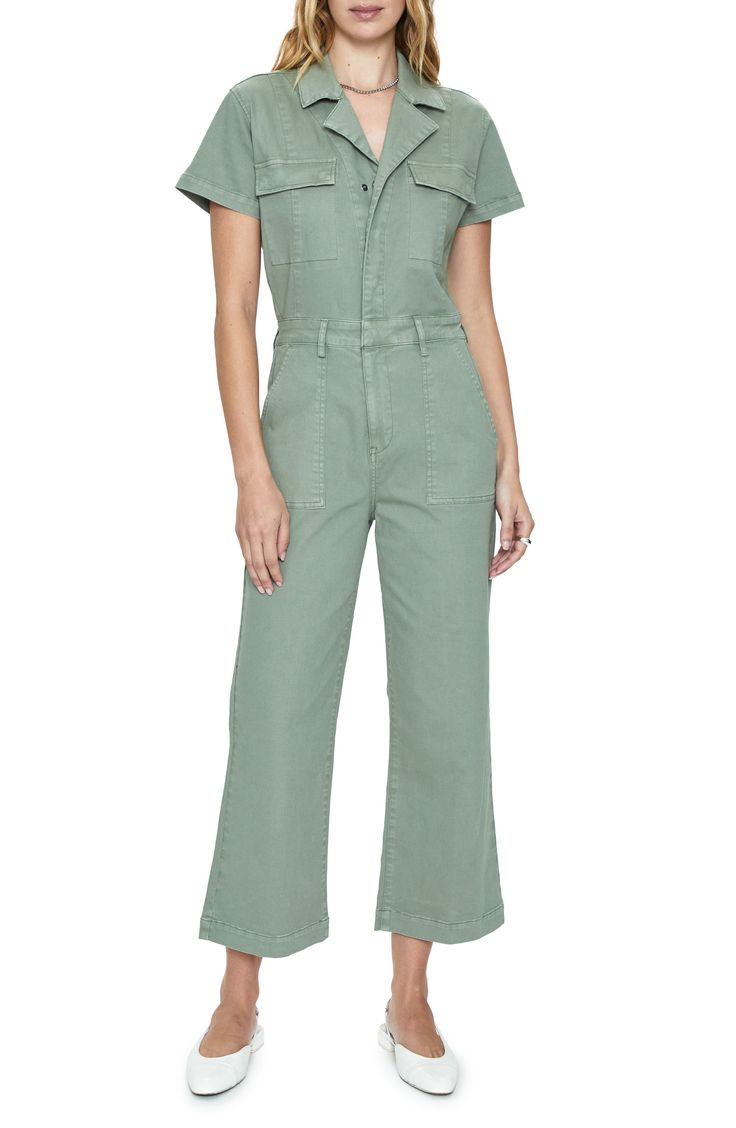 Work the weekend in a verdant jumpsuit cut from stretch-kissed cotton and popped with plenty of pockets. Snap half-placket Notched lapels Short sleeves Chest flap-patch pockets; front patch pockets; back flap-patch pockets 98% cotton, 2% spandex Machine wash, dry flat Imported Summer Jumpsuits And Rompers With Patch Pockets, Fitted Jumpsuits And Rompers With Side Pockets For Spring, Fitted Jumpsuits With Side Pockets For Spring, Short Sleeve Cotton Jumpsuits And Rompers For Fall, Cotton Short Sleeve Jumpsuits And Rompers For Fall, Spring Fitted Denim Jumpsuit With Side Pockets, Fitted Denim Jumpsuit With Side Pockets For Spring, Fitted Green Overalls With Pockets, Casual Green Jumpsuits And Rompers For Work