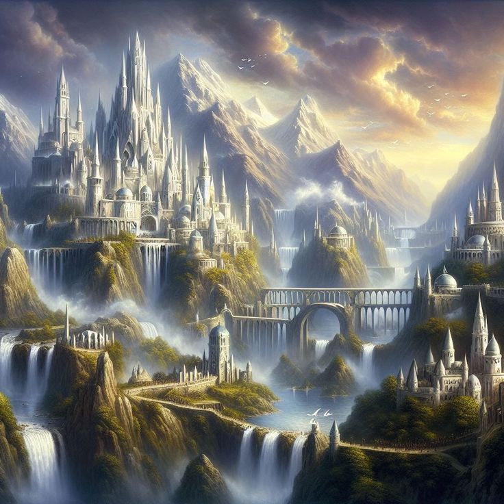 a painting of a fantasy castle surrounded by mountains and waterfalls with a bridge in the foreground