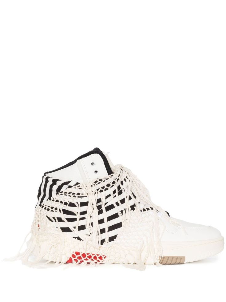 Cure 05 sneakers from SAINT LAURENT featuring black/white, leather, scarf detailing, stripe print, fringe detailing, round toe, front lace-up fastening and flat rubber sole. Photoshoot Shoes, Saint Laurent Sneakers, Leather Scarf, Streetwear Inspo, City Shorts, Balenciaga Triple S, Shoe Print, Summer Beach Wear, Derby Shoes