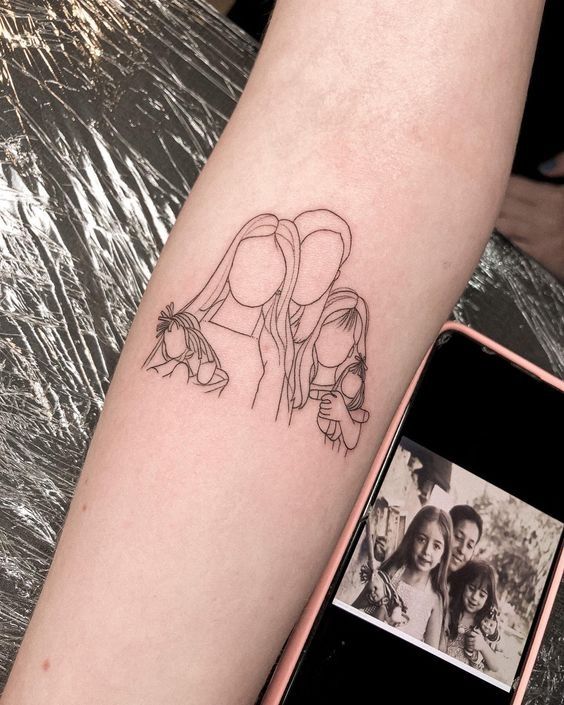 a woman's arm with two girls on it