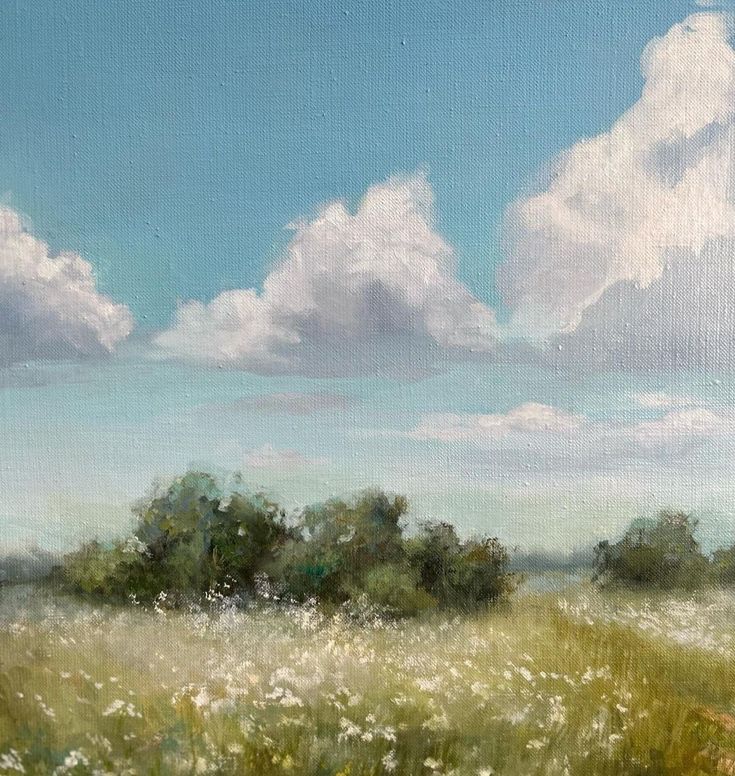 an oil painting of a field with trees and clouds in the sky over it,