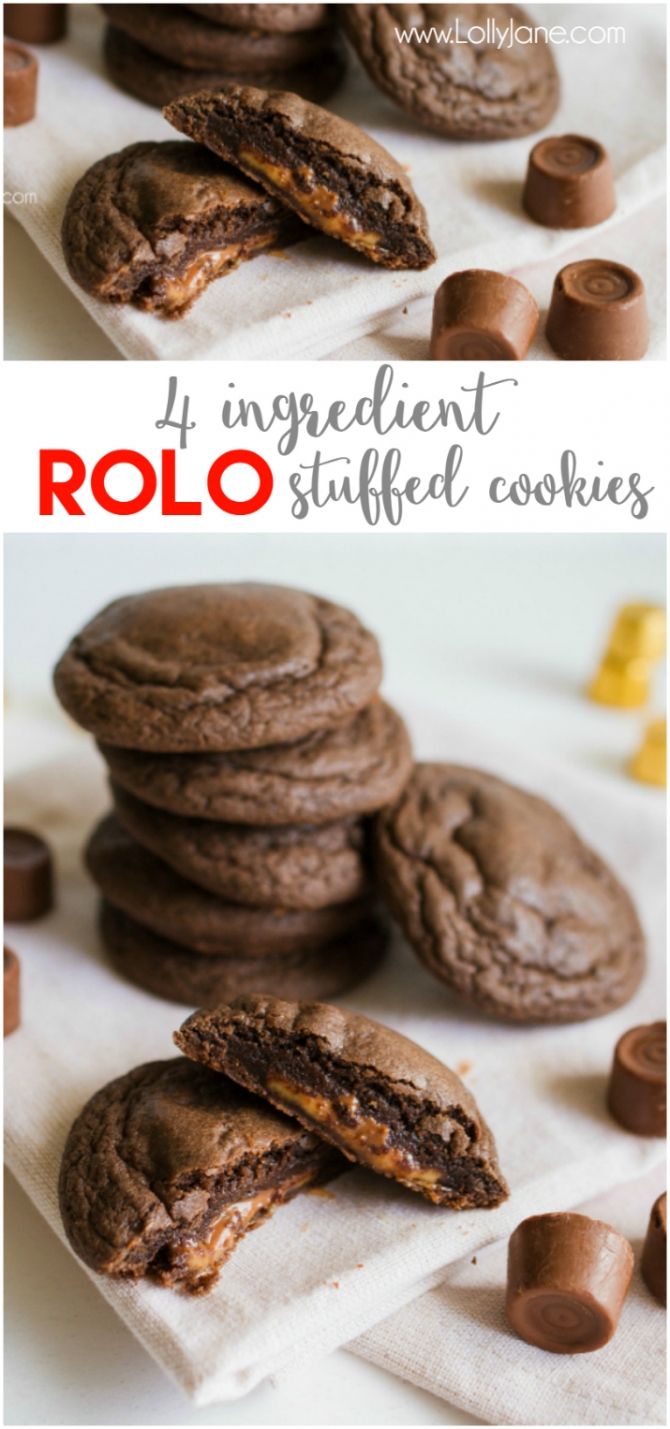 Cookie Easy Recipe, Rolo Cookies, Cake Mix Cookie, Caramel Treats, Stuffed Cookies, Chocolate Cake Cookies, Caramel Cookies, Think Food, Cake Mix Recipes