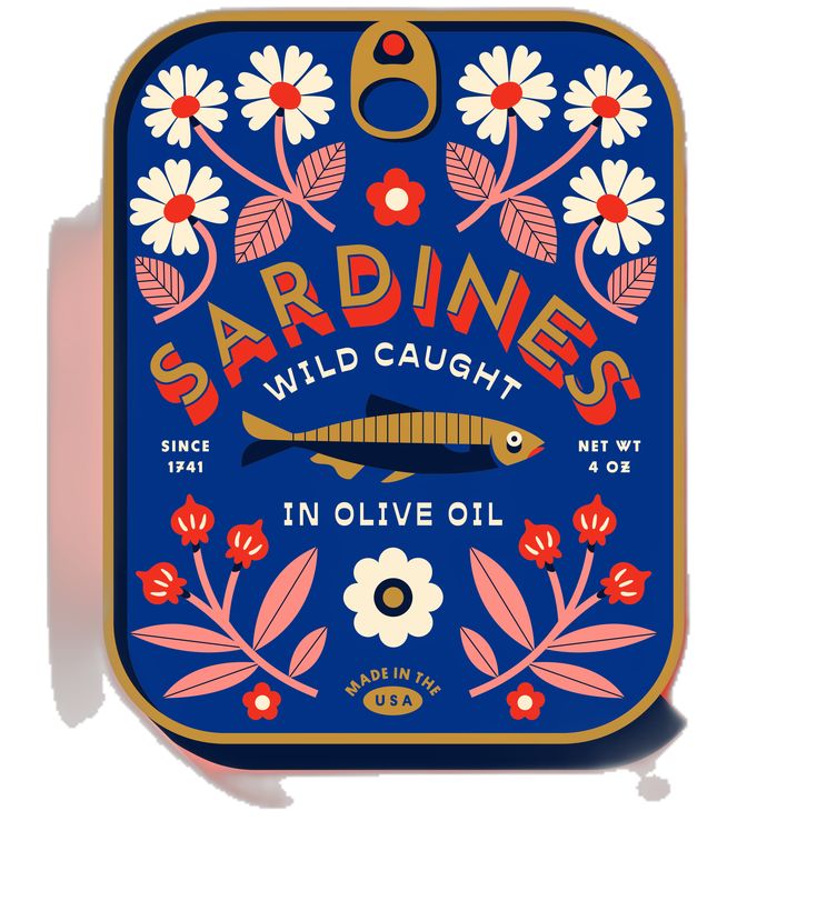 a blue tin with an image of a fish and flowers on the side, says sardines wild caught in olive oil