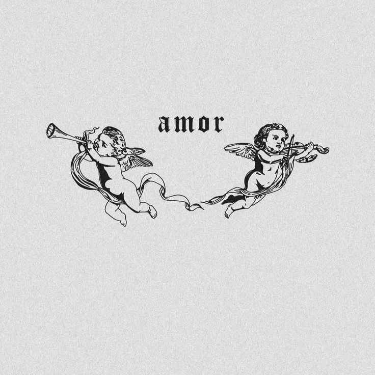 two cherubs with trumpet in their hands and the word amor above them