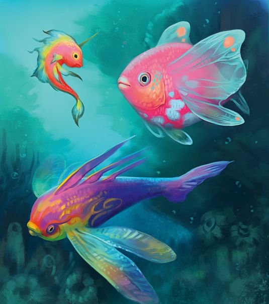 two colorful fish swimming next to each other