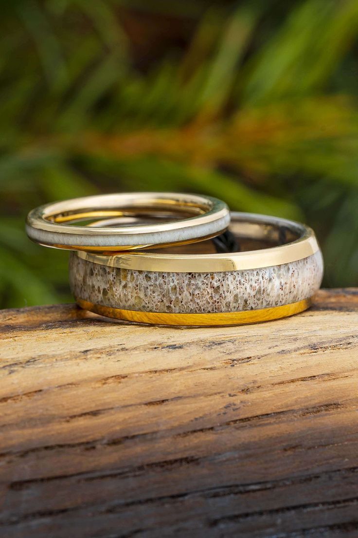 Matching Deer Antler Wedding Bands in Yellow Gold Deer Antler Rings, Deer Antler Wedding Band, Deer Antler Wedding, Gold Themed Wedding, Antler Wedding Rings, Antler Rings, Tribe Fashion, Antler Wedding Band, Deer Antler Ring