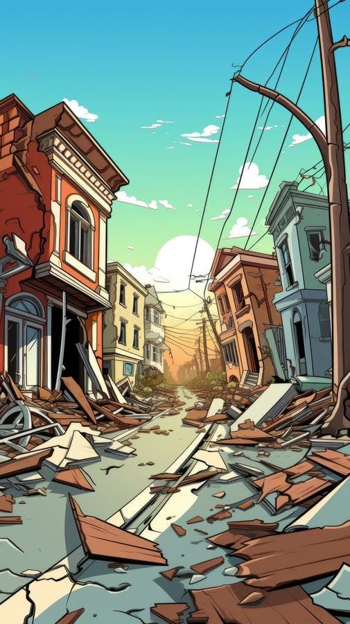 Destroyed houses after a powerful earthquake royalty free stock images Trash Pile Drawing, Building Background Images, City Destroyed Art, Destroyed City Drawing, Crossroads Illustration, Gen Math, Disaster Poster, Natural Disasters Art, Land Slide