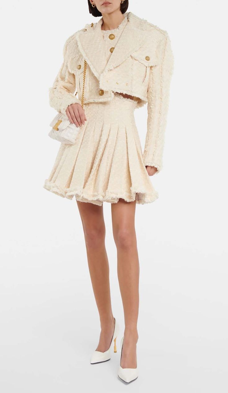 TWEED CROPPED JACKET WITH PLATED SKIRT IN LVORY Chic Cream Fall Skirt, Fall Beige Tweed Skirt, Beige Tweed Skirt For Spring, Spring Beige Tweed Skirt, Tweed Cropped Jacket, Plated Skirt, Satin Corset Dress, Paneled Skirt, Tweed Skirt