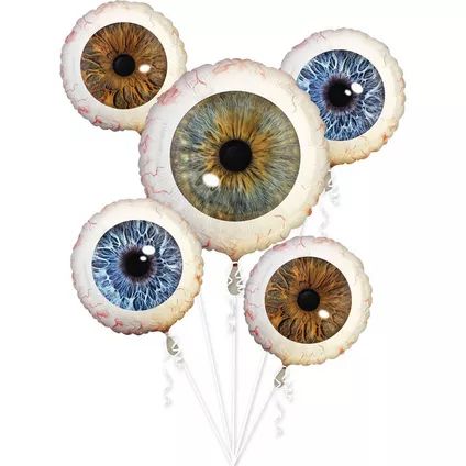 four balloons with an eyeball design on them