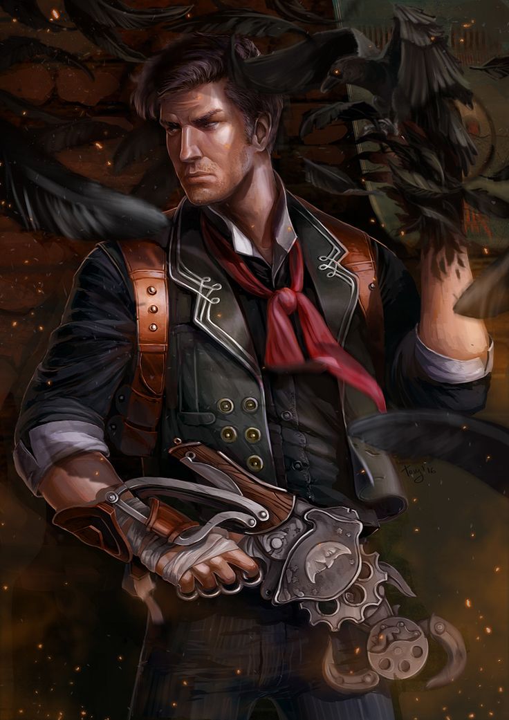 a painting of a man in steampunk clothing holding a pair of scissors with his right hand