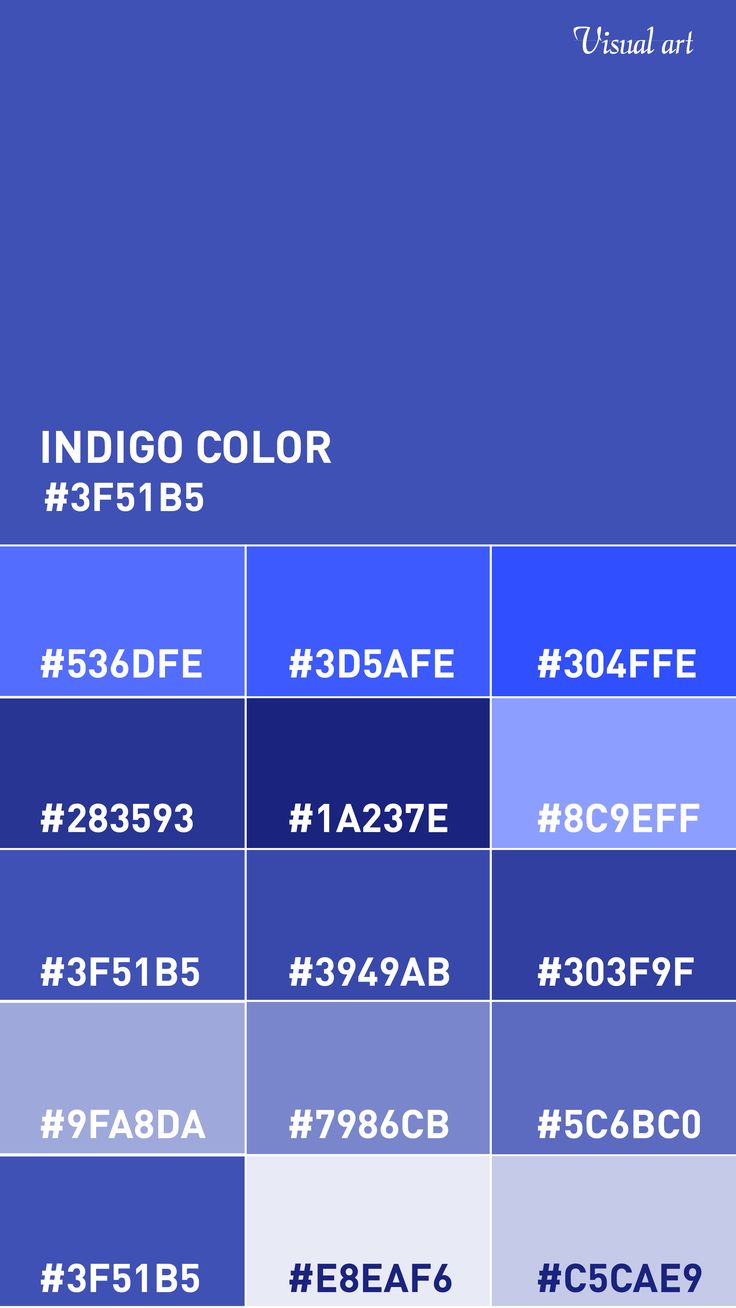 the indigo color scheme is shown in blue and purple colors, with white letters on each side