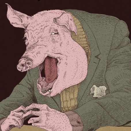 a pig in a suit and tie with its mouth open, sitting at a table