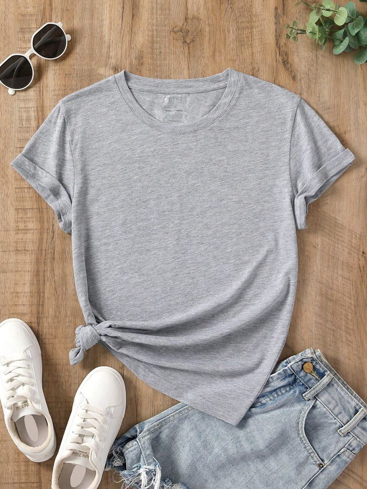 Light Grey Casual Collar Short Sleeve Fabric Plain  Embellished Slight Stretch Summer Women Clothing Women T Shirts, Summer Women, Light Grey, Solid Color, T-shirt, T Shirts, Clothes For Women, Grey, Fabric