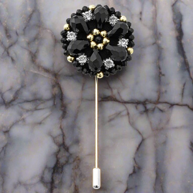 Black and Chrome Gem Lapel Pin Cheap Black Brooch Pins, Luxury Black Lapel Pin For Formal Occasions, Cheap Elegant Black Brooches, Luxury Black Party Brooches, Elegant Black Brooches Cheap, Luxury Black Statement Brooches, Luxury Unique Black Brooches, Luxury Black Statement Brooch, Cheap Black Brooches For Gift