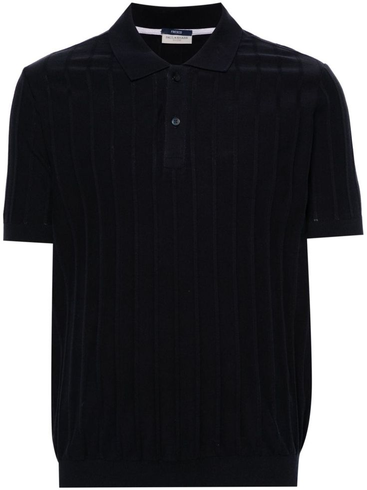 navy blue cotton fine knit ribbed detailing polo collar front button placket short sleeves ribbed cuffs and hem Paul Shark, Versace Outfit, Knit Polo, Pique Polo Shirt, Cotton Polo Shirt, Custom Watch, Short Suit, Summer Beach Wear, Dress Watch