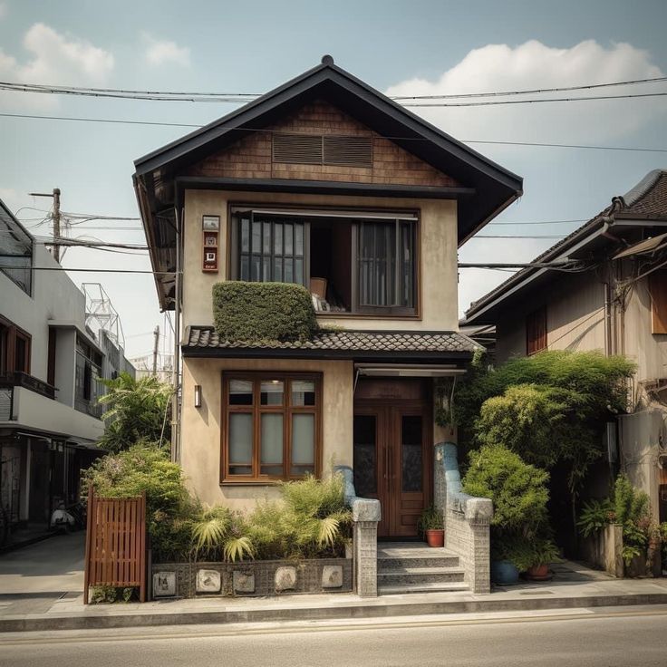 a small house with plants growing on the front and side of it's windows