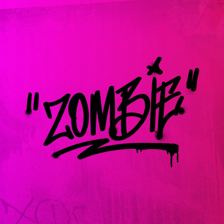 graffiti written on the side of a pink wall that says, zombie with an airplane flying over it