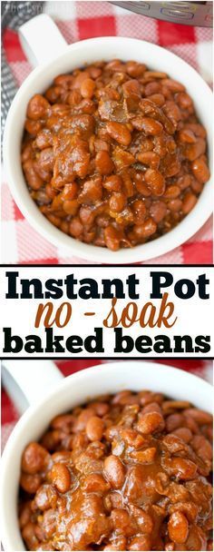 instant pot no - cook baked beans in a white bowl on a red and white checkered tablecloth