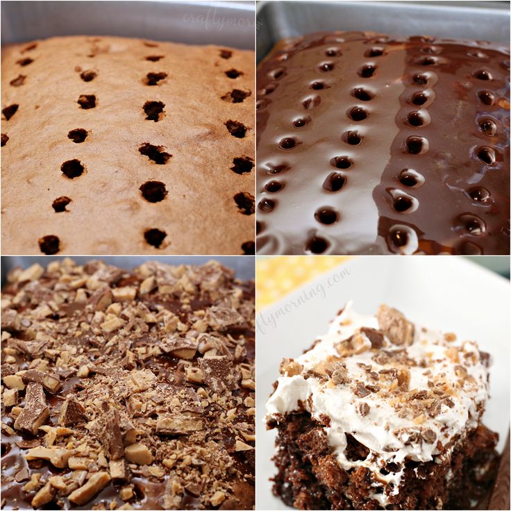 four different types of desserts are shown in this collage, including chocolate cake, brownies, and frosting