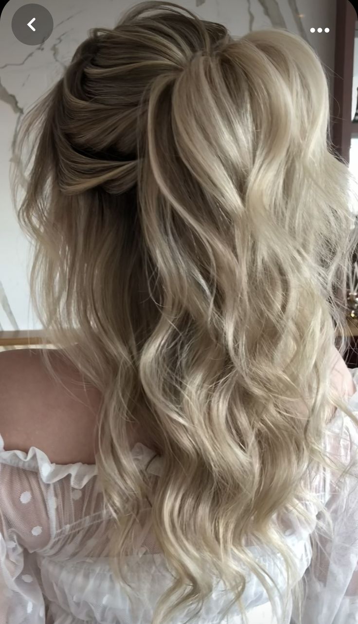 Half Pulled Back Hairstyles Wedding, Prom Hair Blonde Medium Length, Medium Length Blonde Wedding Hair, Wedding Hair With Extensions Half Up, Classy Prom Hair Down, Wedding Hairstyles For Long Fine Hair, Wedding Hair With Open Back Dress, Long Blonde Wedding Hairstyles, Half Up Half Down Wedding Hair With Veil Medium Lengths