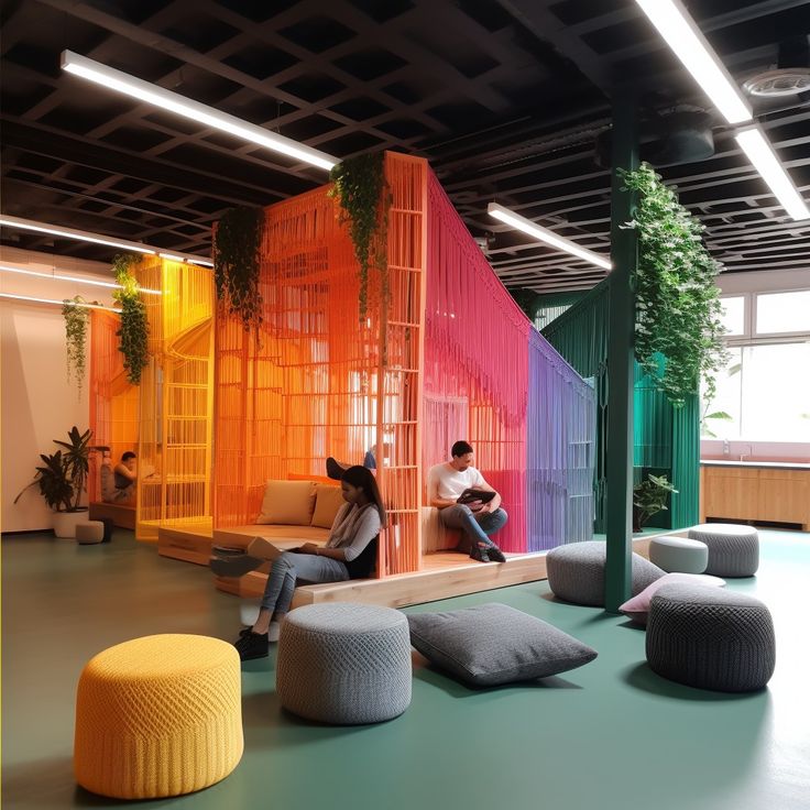 two people sitting on couches in an office with colorful walls and plant life behind them