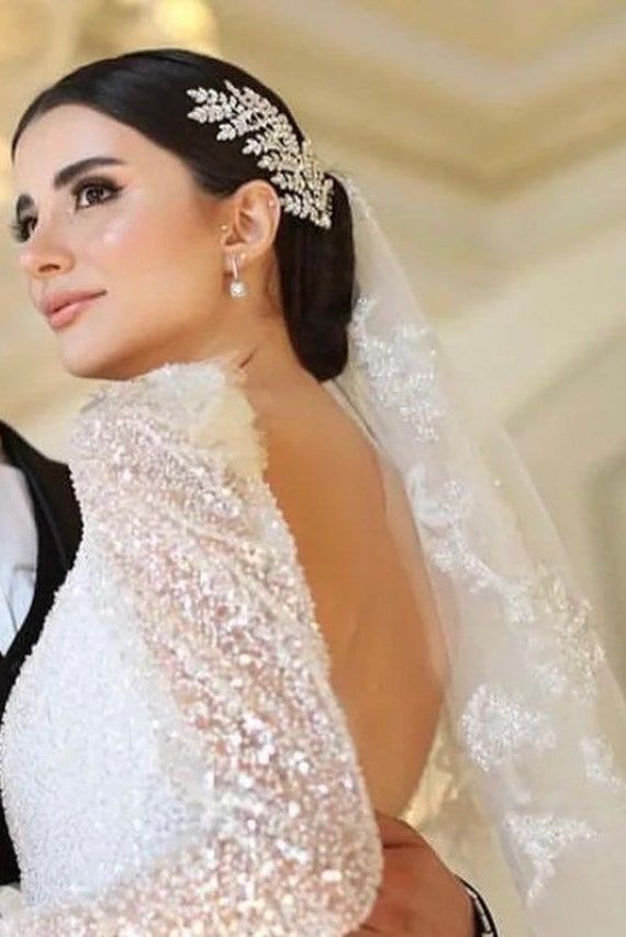 the bride and groom are posing for a photo in their wedding day gowns, veils and tiaras