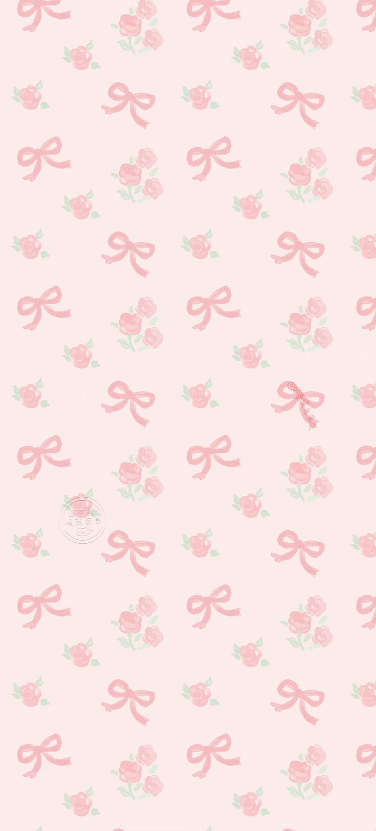 a pink wallpaper with bows and roses on it