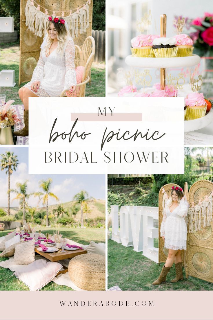 a collage of photos with the words my boho - picnic bridal shower