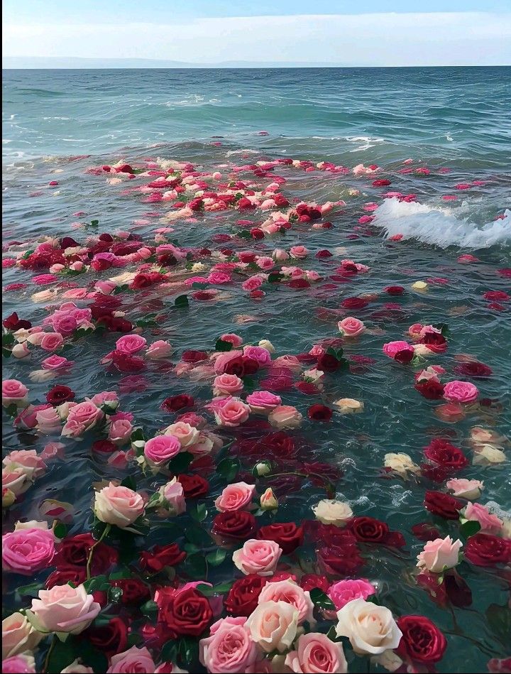 many pink and white roses floating in the ocean