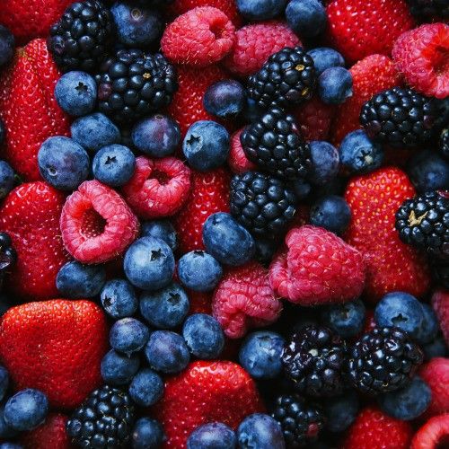 berries, raspberries and blueberries are mixed together