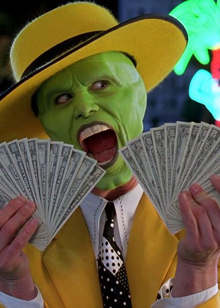 a man in a yellow hat and green suit holding money with his mouth wide open