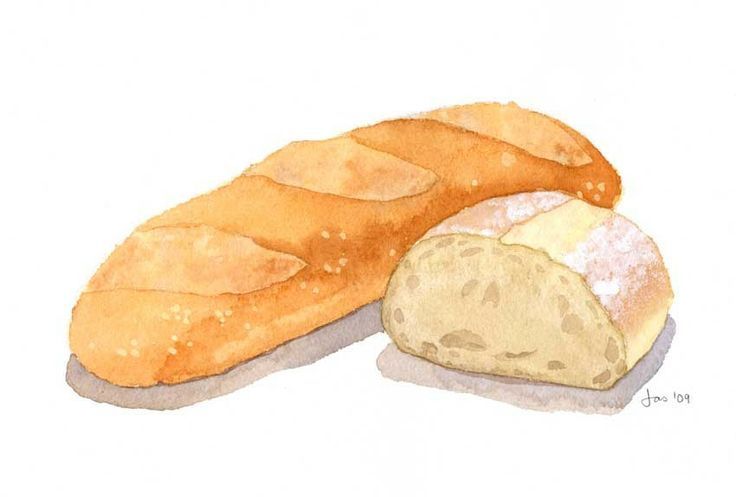 watercolor painting of bread and baguette with caption that reads night tales all bread, pies, tarts, pasties, sliced cakes