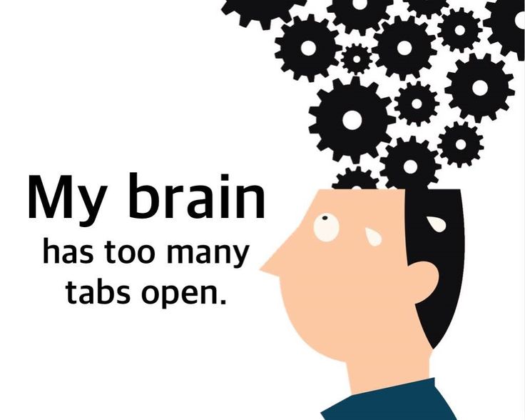 a man with gears coming out of his head that says, my brain has too many tabs open