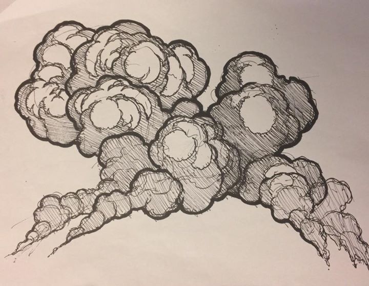 an ink drawing of a bunch of clouds with one cloud in the middle and two on top