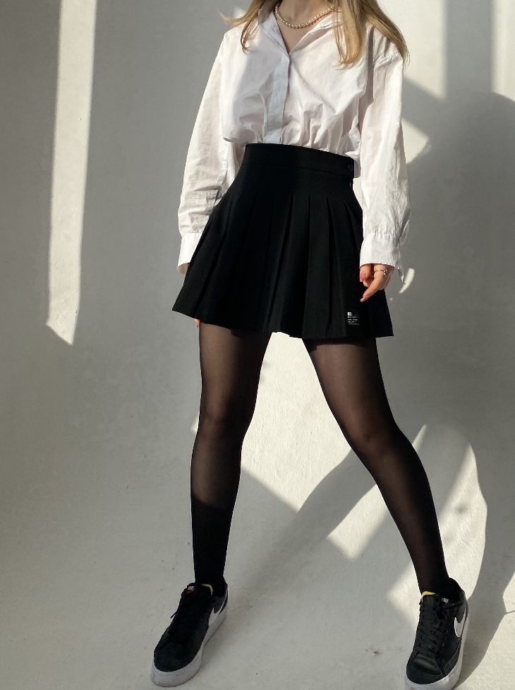 style, look, white shirt Collard Shirt And Skirt Outfit, Pleated Skirt Button Down Shirt, White Shirt And Mini Skirt Outfit, White Button Up And Skirt Outfit, White Shirt Outfit With Skirt, Tennis Skirt Outfit Formal, White Blouse Skirt Outfit, White Button Up Black Skirt Outfit, Black Skirt White Button Up