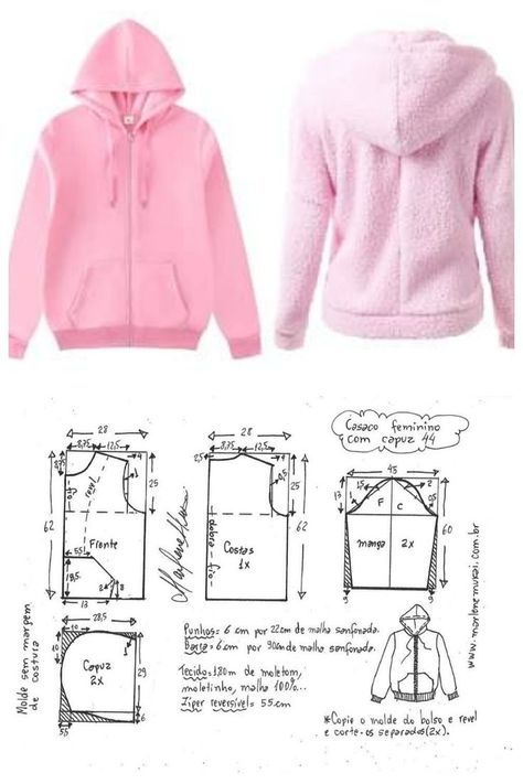 a pink jacket with hood and sleeves on the left side, in three different sizes