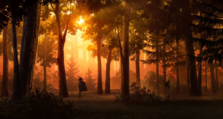 a man standing in the middle of a forest with trees and sun shining through it