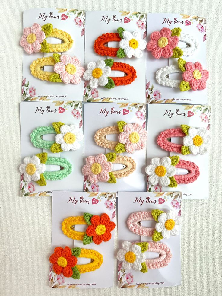 crochet flower hair clips are shown in different colors and sizes, with the words my mom written on them