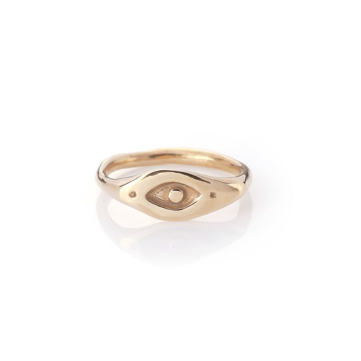 Evil Eye Amulet Ring | For protection and wellbeing. This ancient symbol has origins going all the way to 3000 BCE and it is believed when a person wears or carries an evil eye with them, it guards against misfortune happening in one's life and brings good luck and protection from any ill-will that could otherwise have a negative effect on a persons well-being in general. DETAILS & SIZE Composition | vailable in nickel free Bronze, 925 Sterling Silver or Gold Measurement | 2mm width at the back Evil Eye Amulet, Bronze Jewelry, Evil Eye Ring, Ancient Symbols, Eye Ring, Sustainable Jewelry, 10k Gold, Sterling Ring, Evil Eye