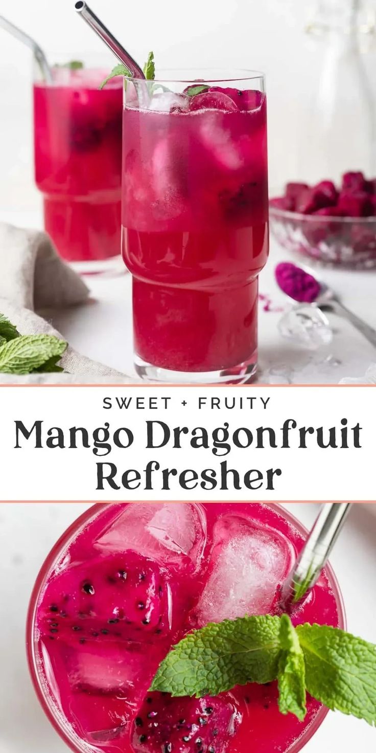 This mango dragon fruit refresher is better than Starbucks! Less sugar, healthier ingredients, and is seriously so quick and easy to make. Three ingredients and a couple of minutes is all you'll need to make this ultra refreshing drink. Mango Dragon Fruit Refresher, Dragon Fruit Refresher, Mango Dragonfruit Refresher, Dragonfruit Refresher, Iced Drinks Recipes, Tea Drink Recipes, Drink Recipes Nonalcoholic, Refreshing Drinks Recipes, Less Sugar