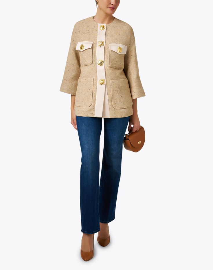 St. John expertly crafts wardrobe staples with luxurious finishes, and this jacket is no exception. The neutral tweed topper is crafted to a chic collarless silhouette and is finished with decadent oversized gold buttons, making a statement. Wear yours over sleek separates for a refined look you'll love. Tan Wool Coat, Beige Puffer Jacket, Beige Puffer, Skirt And Top Dress, Fall Style Guide, Brown Suede Jacket, Tweed Jacket, Gold Buttons, Jacket Style