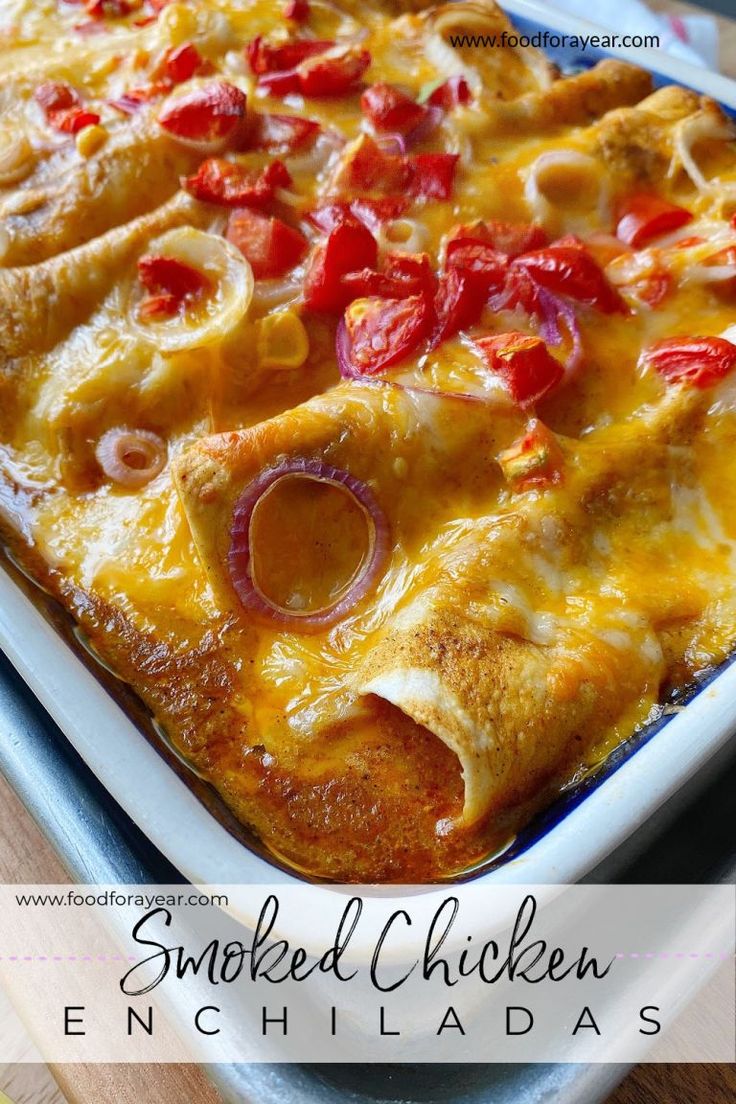 an enchilada casserole with tomatoes and onions