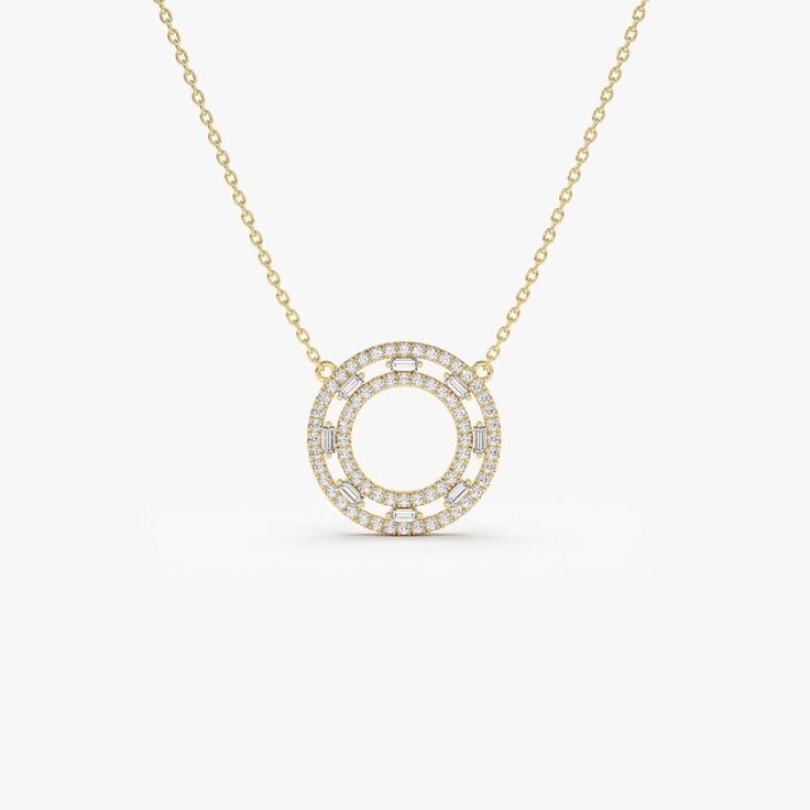 "Diamond Necklace 14k Gold / 14k Full Circle Baguette & Round Diamond Necklace by Ferkos Fine Jewelry * Made to Order * Gold Kt: 14K (also available in 18K) * Available Gold Color: Rose Gold, Yellow Gold, White Gold * Length & Width: 15 x 15 MM * Round Diamond: 68 Pcs 1.0MM * Baguette Diamond: 8 Pcs 2.25x 1.25MM * Diamond Carat Weight: 0.44 ctw * Diamond Color-Clarity: G Color VS/SI Clarity If you have any additional questions about this ring, just hit the \"Message Ferko\" button and we will get back to you within a few hours. ▶ See more of our Diamond Necklace - http://etsy.me/2mqa6O1 ▶ See our storefront here - http://etsy.me/2lUcVnH  ▶ All store sections here * Diamond Rings - http://etsy.me/2lwKUl8 * Diamond Earrings - http://etsy.me/2lyqVBP * Diamond Necklace - http://etsy.me/2mqa6O1 Gold Necklaces With Baguette Diamonds, Diamond Necklace With Baguette Diamonds In Round Pendant, Baguette Diamond Necklace With Round Pendant, Baguette Diamond Round Pendant Necklace, Fine Jewelry Yellow Gold Necklace With Baguette Diamonds, Yellow Gold Baguette Cut Cubic Zirconia Necklace, Formal 14k Gold Baguette Cut Necklace, Timeless Gold Baguette Cut Necklace, 14k Gold Baguette-cut Fine Jewelry Necklace