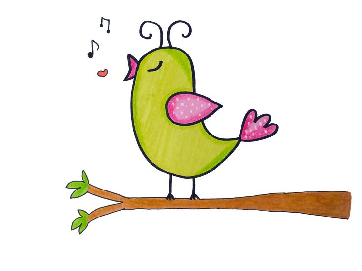 a drawing of a bird on a branch with music notes coming out of its beak